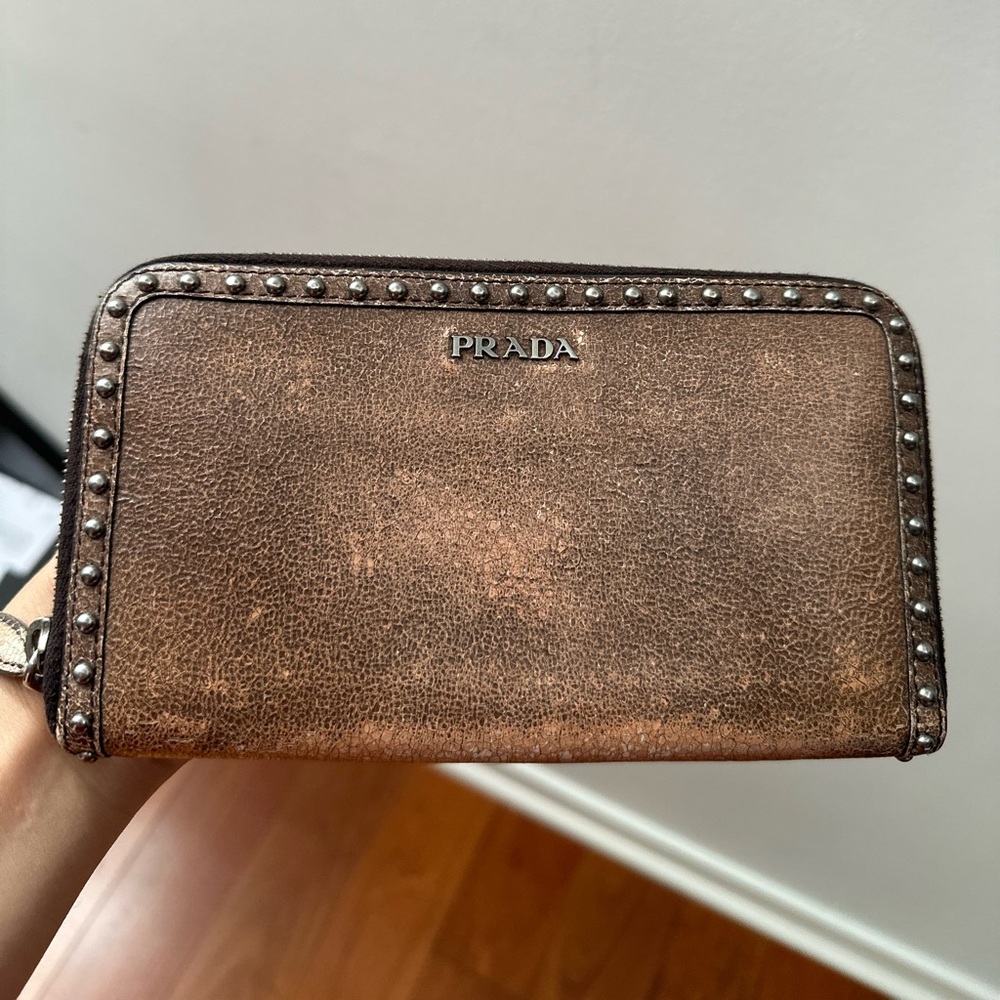 Prada Craquelé Borchi Studded Wallet Aged Calfskin Leather Brown
